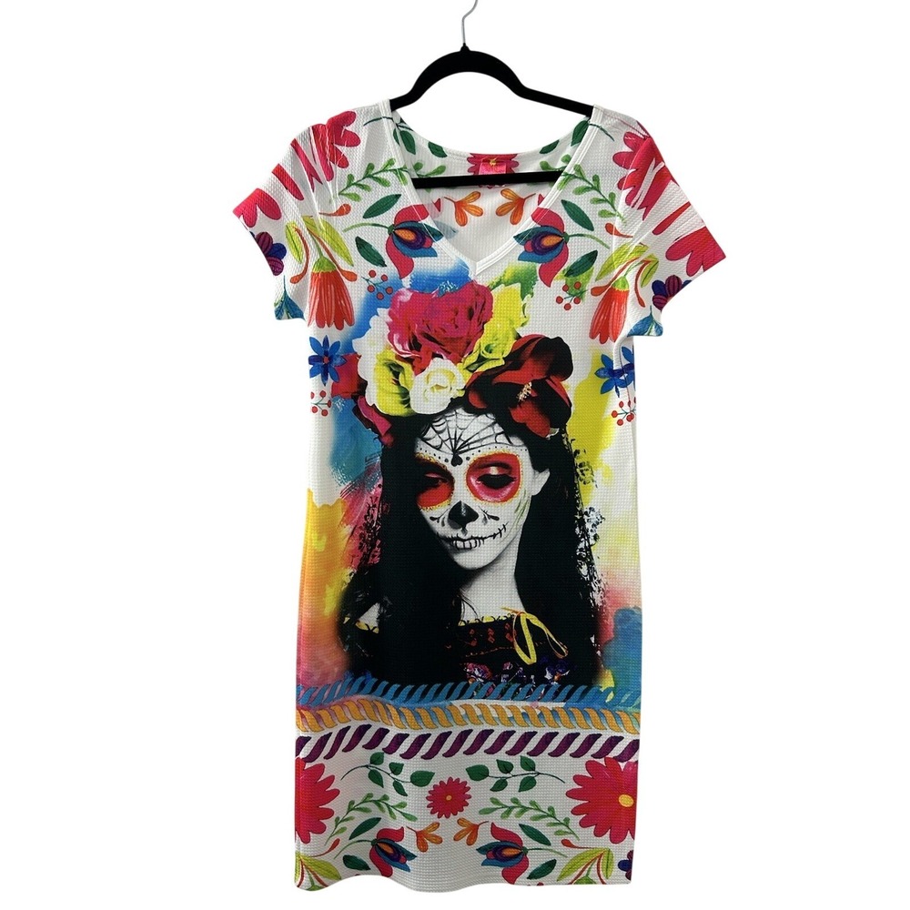 Bohochic Floral Sugar Skull Shift Dress XL White Day of the Dead Catrina Boho